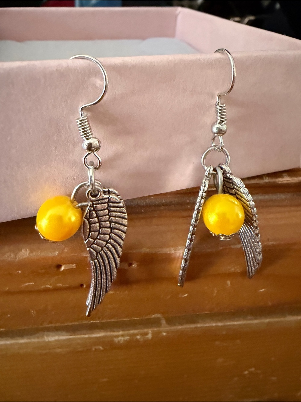 Silver Angel Wing Earrings with Yellow Bead - Picture 3 of 3